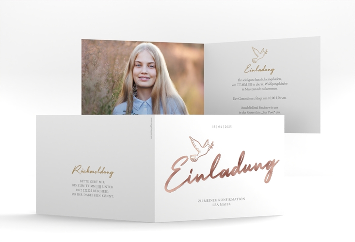 Konfirmationseinladung Edeltaube A6 Klappkarte quer rosegold