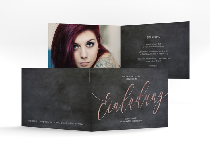 Einladung Geburtstag Board A6 Klappkarte quer rosegold