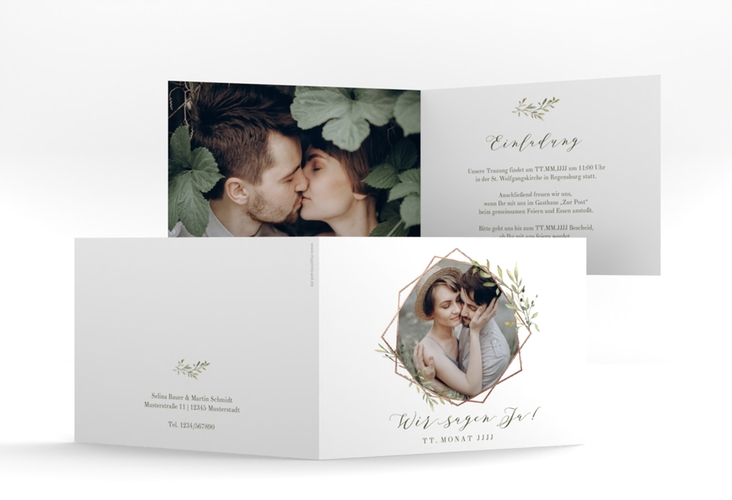 Hochzeitseinladung Acacia A6 Klappkarte quer rosegold