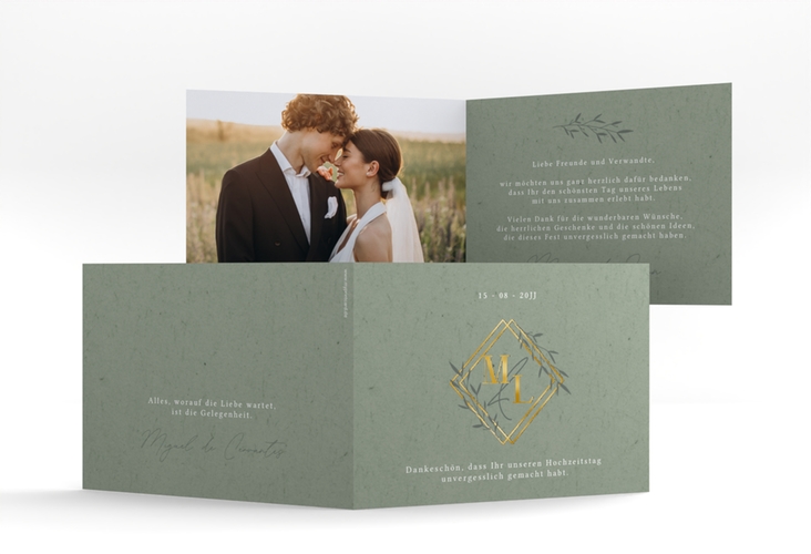 Danksagungskarte Hochzeit Greenletter A6 Klappkarte quer gold mit Initialen in elegantem Goldrahmen mit Blättern