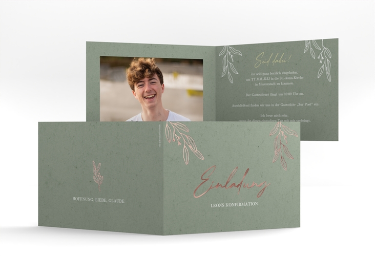 Konfirmationseinladung Grüne Natur A6 Klappkarte quer rosegold