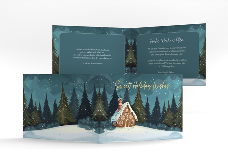 Weihnachtskarte Knusperhaus A6 Klappkarte quer gold mit Lebkuchenhaus im Winterwald