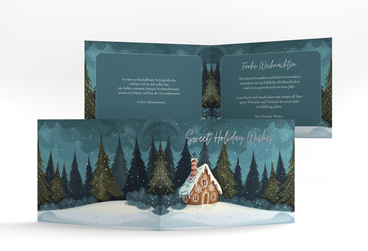 Weihnachtskarte Knusperhaus A6 Klappkarte quer silber mit Lebkuchenhaus im Winterwald