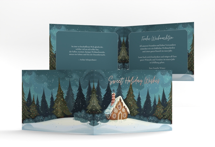 Weihnachtskarte Knusperhaus A6 Klappkarte quer rosegold mit Lebkuchenhaus im Winterwald