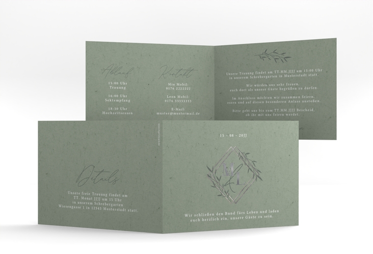 Hochzeitseinladung Greenletter A6 Klappkarte quer silber mit Initialen in elegantem Goldrahmen mit Blättern