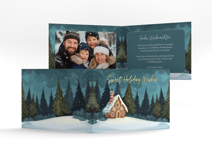 Weihnachtskarte Knusperhaus A6 Klappkarte quer gold mit Lebkuchenhaus im Winterwald