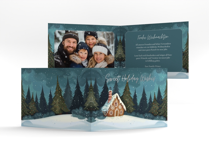 Weihnachtskarte Knusperhaus A6 Klappkarte quer silber mit Lebkuchenhaus im Winterwald