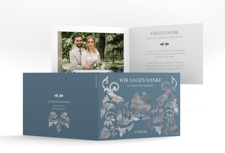 Danksagungskarte Hochzeit Royal A6 Klappkarte quer silber mit barockem Blumen-Ornament