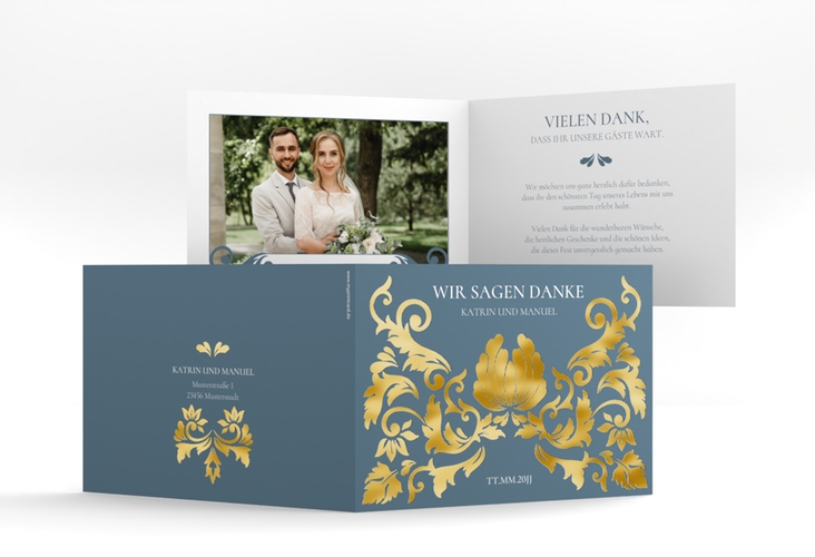 Danksagungskarte Hochzeit Royal A6 Klappkarte quer gold mit barockem Blumen-Ornament