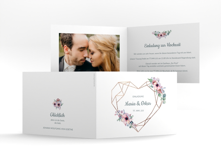 Hochzeitseinladung Herzgold A6 Klappkarte quer rosegold