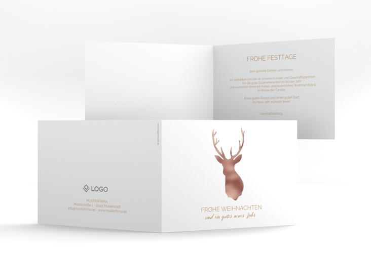 Geschäftliche Weihnachtskarte Deer A6 Klappkarte quer rosegold und weiß mit Hirschkopf
