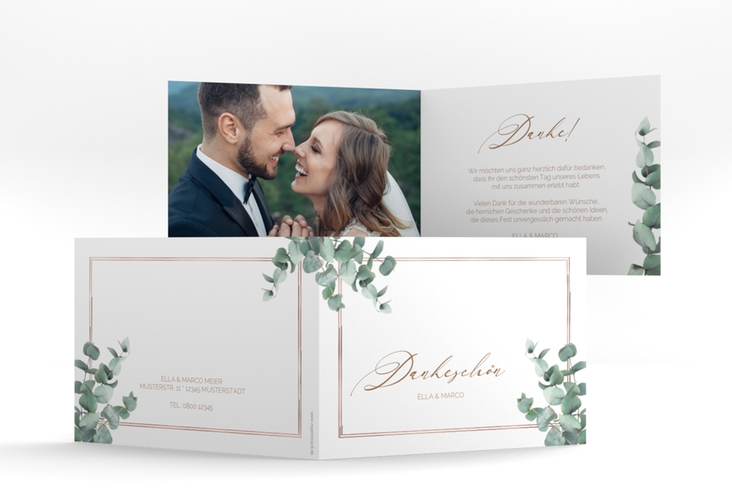Dankeskarte Hochzeit Eucalypt A6 Klappkarte quer rosegold mit Eukalyptus und edlem Rahmen