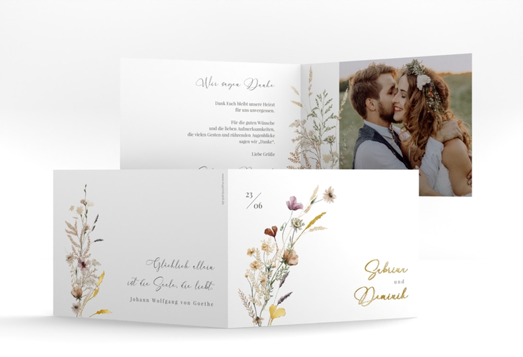 Danksagungskarte Hochzeit Sauvages A6 Klappkarte quer gold mit getrockneten Wiesenblumen