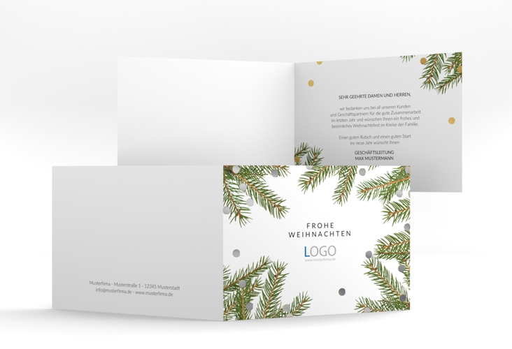 Geschäftliche Weihnachtskarte Tannenzweig A6 Klappkarte quer silber mit Tannenzweigen und Logo