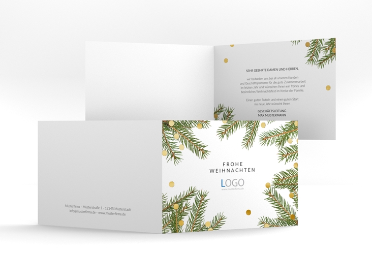 Geschäftliche Weihnachtskarte Tannenzweig A6 Klappkarte quer gold mit Tannenzweigen und Logo