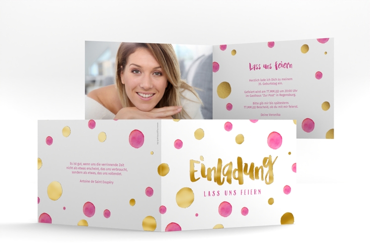 Einladung Geburtstag Dots A6 Klappkarte quer gold