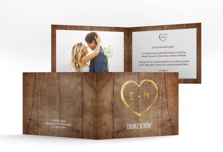 Danksagungskarte Hochzeit Wood A6 Klappkarte quer gold