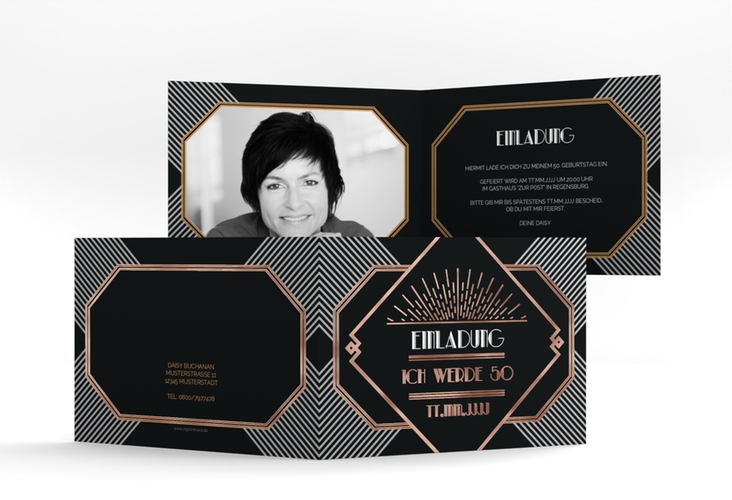Einladung 50. Geburtstag Glamour A6 Klappkarte quer rosegold