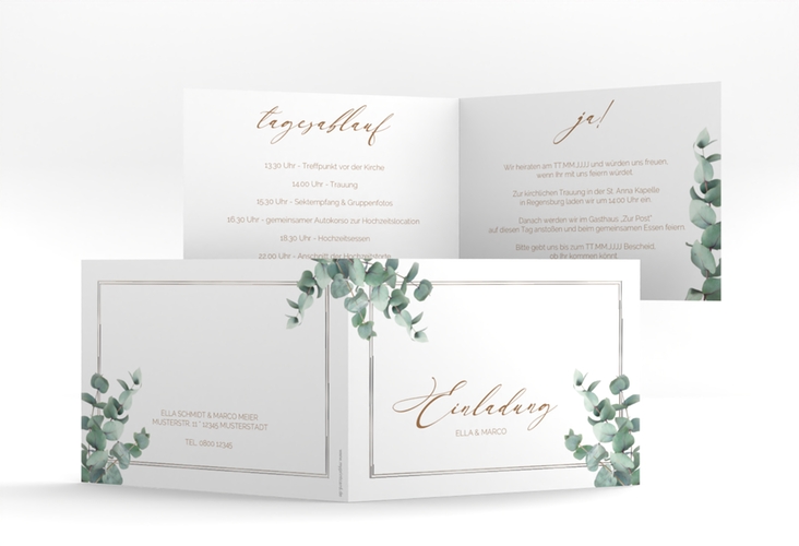 Hochzeitseinladung Eucalypt A6 Klappkarte quer silber mit Eukalyptus und edlem Rahmen
