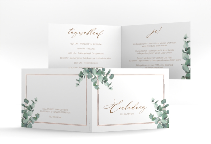 Hochzeitseinladung Eucalypt A6 Klappkarte quer rosegold mit Eukalyptus und edlem Rahmen