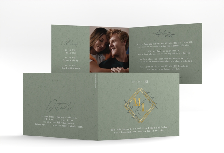 Hochzeitseinladung Greenletter A6 Klappkarte quer gold mit Initialen in elegantem Goldrahmen mit Blättern