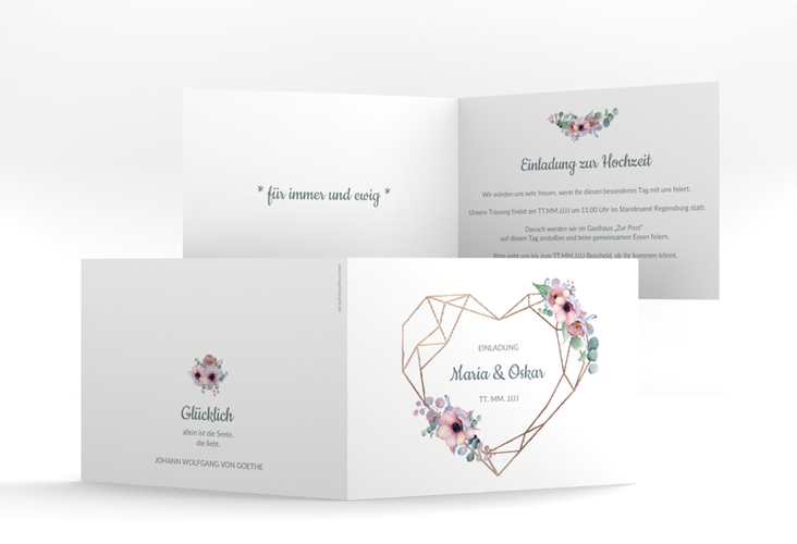 Hochzeitseinladung Herzgold A6 Klappkarte quer rosegold