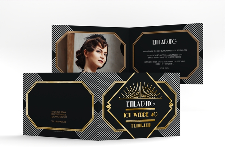 Einladung 40. Geburtstag Glamour A6 Klappkarte quer gold im Jugendstil-Design