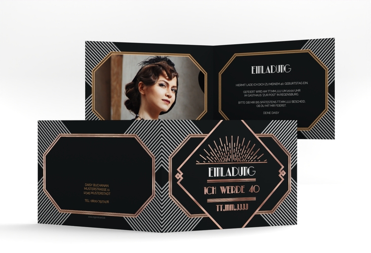 Einladung 40. Geburtstag Glamour A6 Klappkarte quer rosegold im Jugendstil-Design