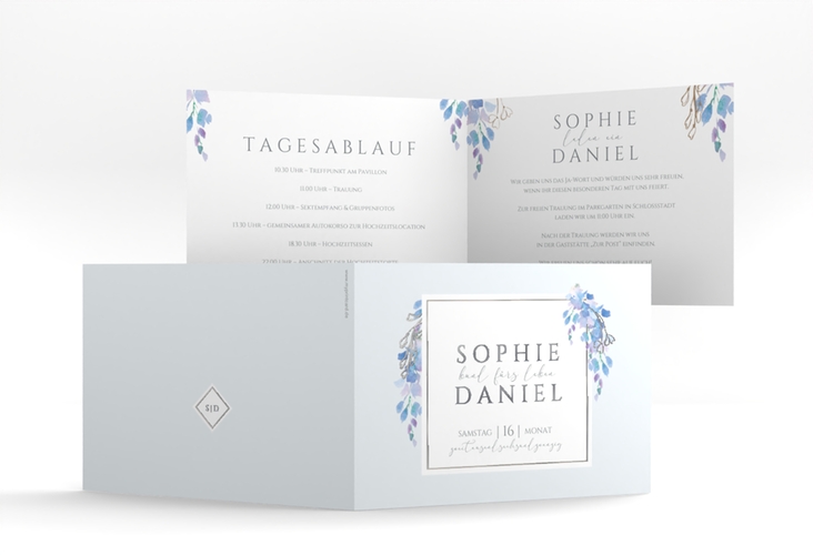 Hochzeiteinladung Blauregen A6 Klappkarte quer silber mit Wisteria-Blüten