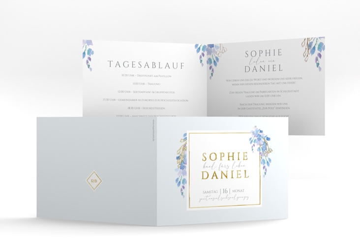 Hochzeiteinladung Blauregen A6 Klappkarte quer gold mit Wisteria-Blüten