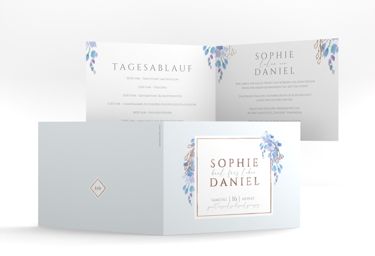 Hochzeiteinladung Blauregen A6 Klappkarte quer rosegold mit Wisteria-Blüten