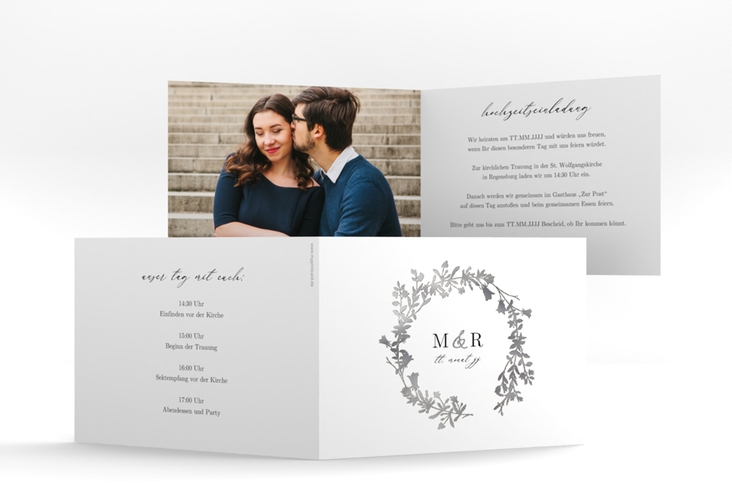 Hochzeitseinladung Filigree A6 Klappkarte quer silber