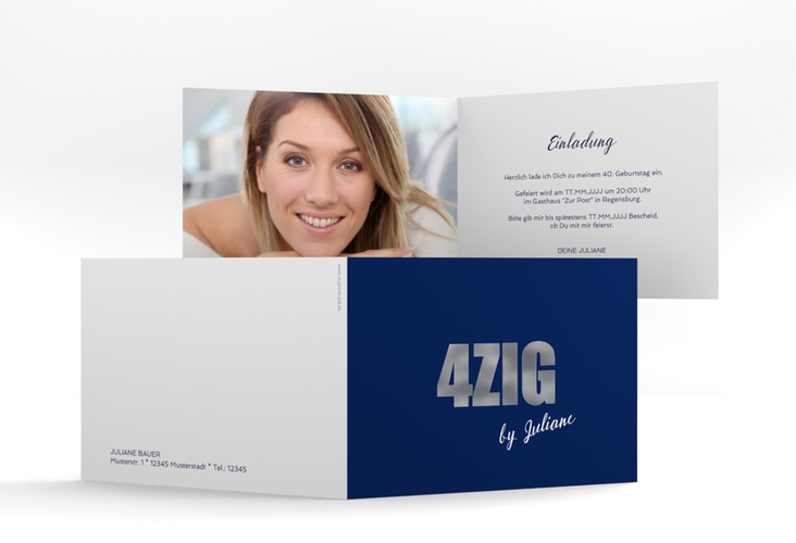 Einladung 40. Geburtstag Zig A6 Klappkarte quer silber