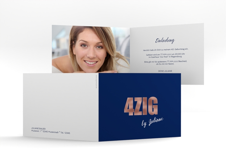 Einladung 40. Geburtstag Zig A6 Klappkarte quer rosegold