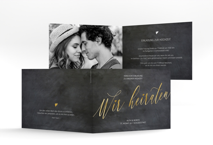 Hochzeitseinladung Chalkboard A6 Klappkarte quer gold mit Folie