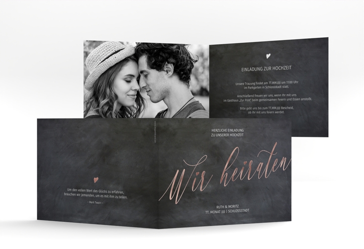 Hochzeitseinladung Chalkboard A6 Klappkarte quer rosegold mit Folie
