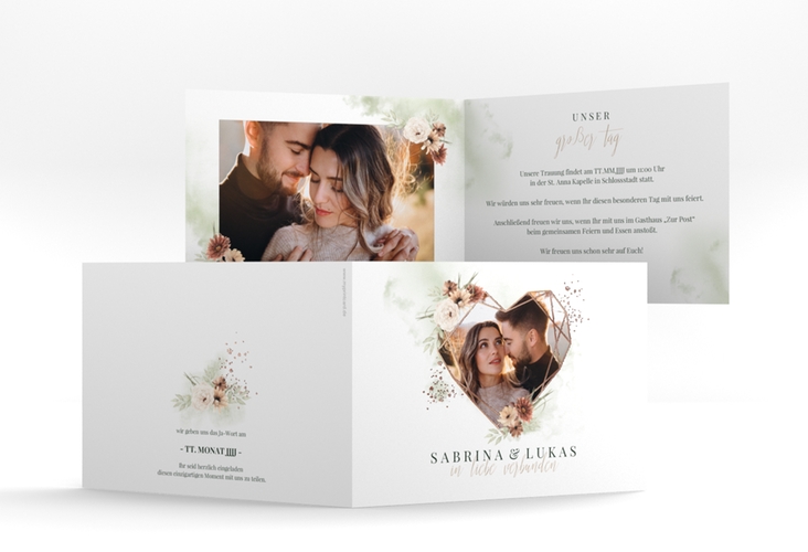 Hochzeitseinladung Odeur A6 Klappkarte quer rosegold mit Aquarell-Blumen und Foto in Herzform