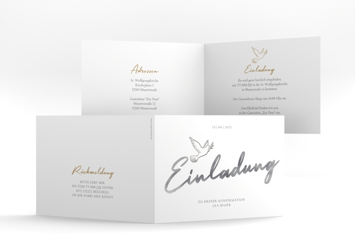 Konfirmationseinladung Edeltaube A6 Klappkarte quer silber