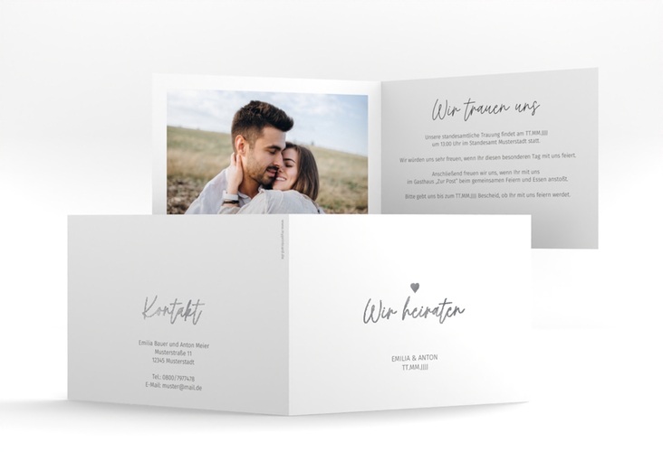 Hochzeitseinladung Herzschlag A6 Klappkarte quer silber schlicht und elegant mit Herzchen