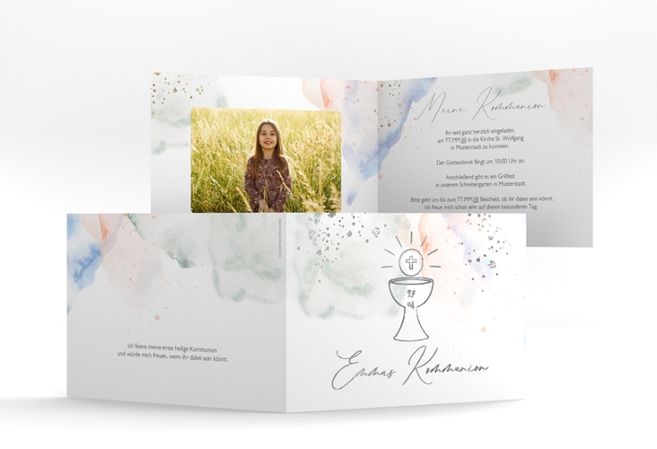 Kommunionseinladung Buntheit A6 Klappkarte quer silber