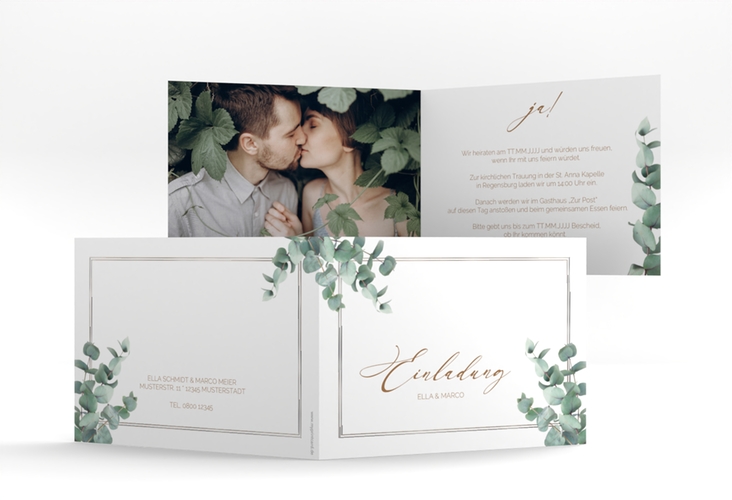 Hochzeitseinladung Eucalypt A6 Klappkarte quer silber mit Eukalyptus und edlem Rahmen