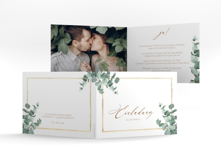 Hochzeitseinladung Eucalypt A6 Klappkarte quer gold mit Eukalyptus und edlem Rahmen