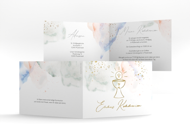 Kommunionseinladung Buntheit A6 Klappkarte quer gold