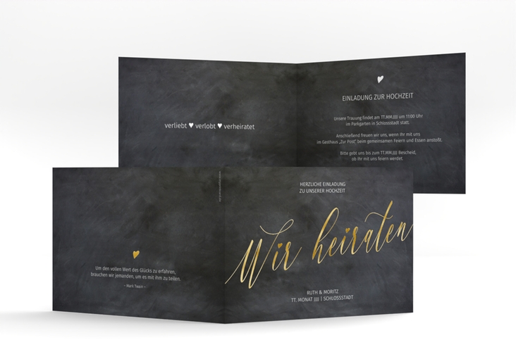 Hochzeitseinladung Chalkboard A6 Klappkarte quer gold mit Folie