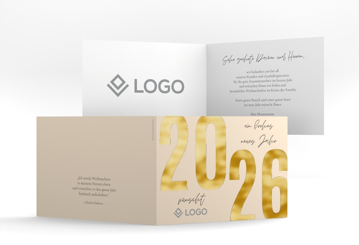 Geschäftliche Weihnachtskarte Jahresanfang A6 Klappkarte quer gold