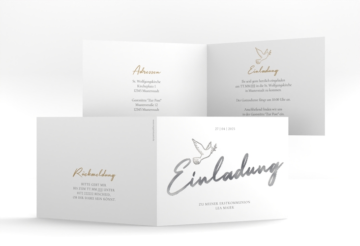 Kommunionseinladung Goldtaube A6 Klappkarte quer silber