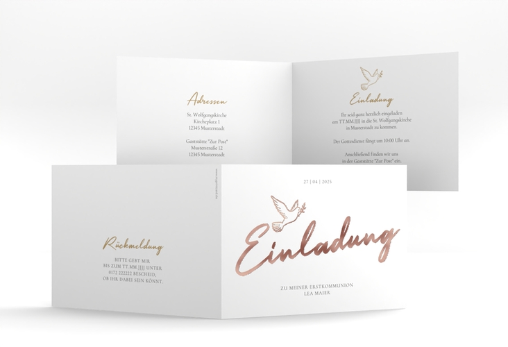 Kommunionseinladung Goldtaube A6 Klappkarte quer rosegold