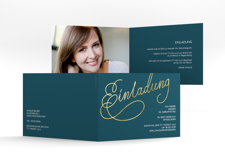 Einladung Geburtstag  Schwungvoll A6 Klappkarte quer gold