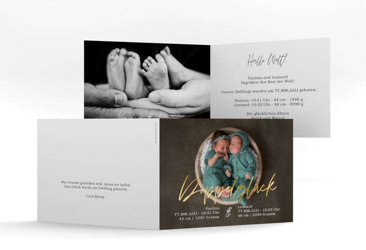 Geburtskarte Doppelglück A6 Klappkarte quer gold