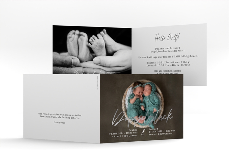 Geburtskarte Doppelglück A6 Klappkarte quer silber